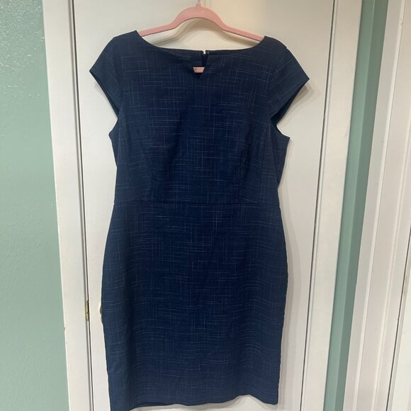 Ann Taylor Blue V Neck Plaid Cap Sleeve Sheath Dress Career 14P - Picture 1 of 3